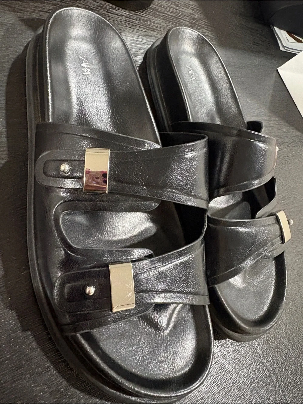 Zara Black Slide Sandals with Silver Accents - Picture 6 of 7